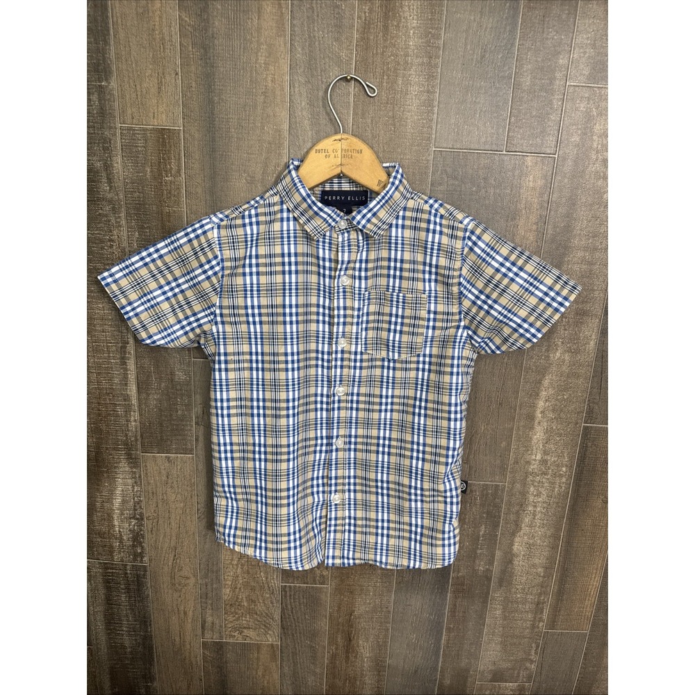 Perry Ellis Plaid Blue, Gray, White‎ Button Up Short Sleeve Boys 7